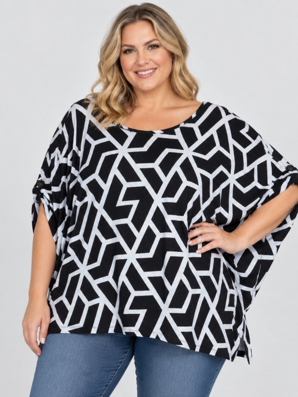 Ellos Women's 4X Black White Geometric Abstract Print Top Plus Size Short Sleeve